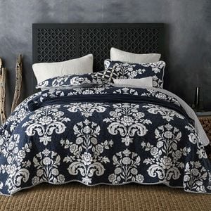 Quilted Queen/King Size Cotton Coverlet Bedspread Set Damask Navy Flower