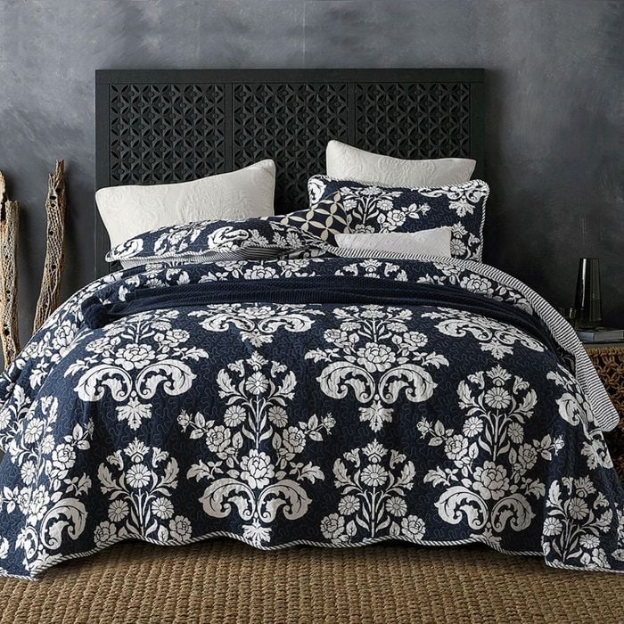 Quilted Queen/King Size Cotton Coverlet Bedspread Set Damask Navy Flower