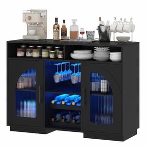 Advwin Sideboard Buffet Cabinet with LED Lights,2 Door,Wine Rack & Goblet Holder Black