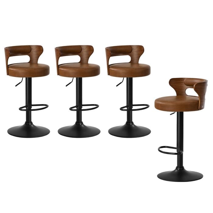 Oikiture 4x Bar Stools Swivel Stool Wooden Leather Camel