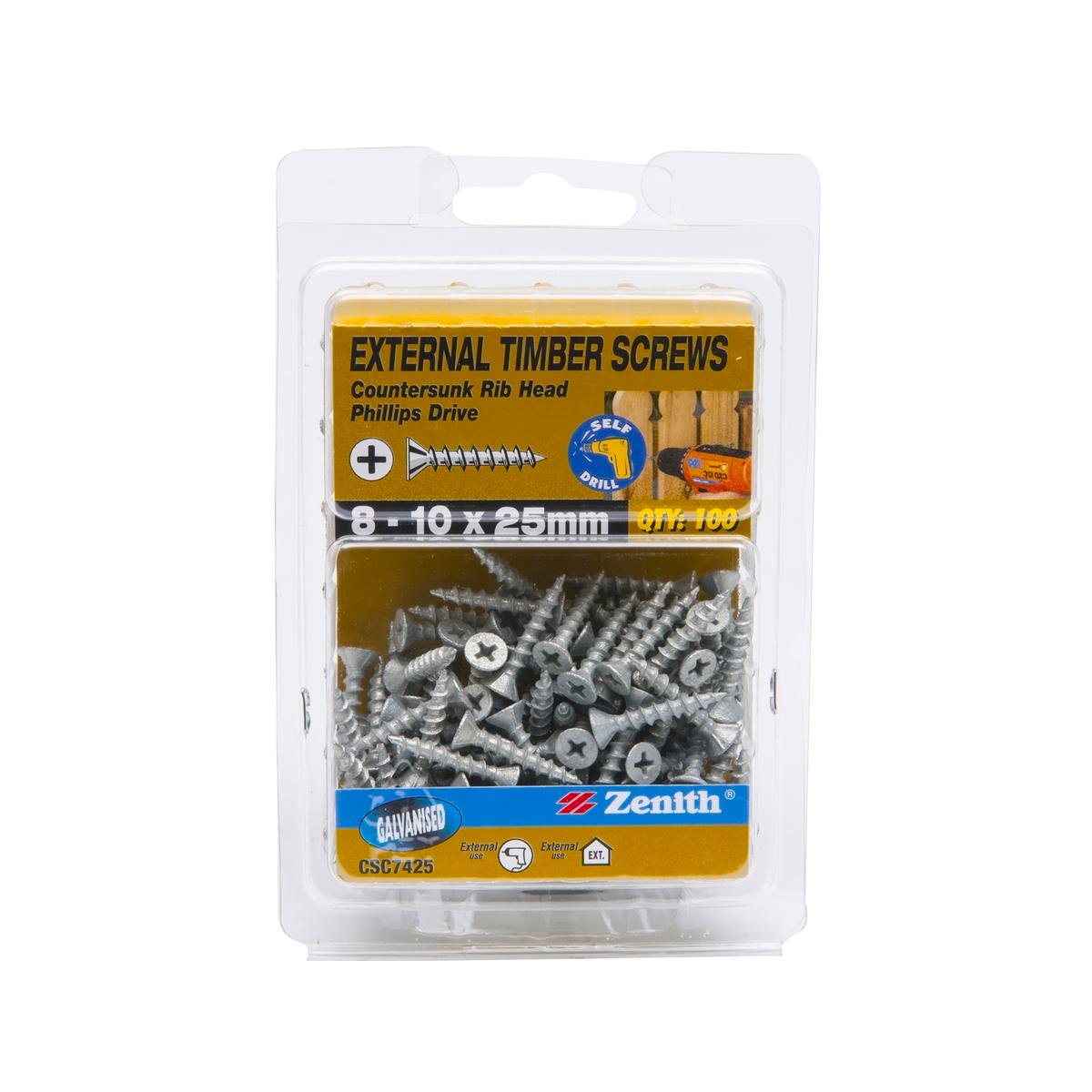 Zenith 8 - 10 X 25mm Galvanised Countersunk Ribbed Head Timber Screws 