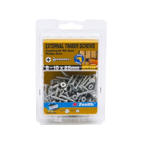 Zenith 8 - 10 x 25mm Galvanised Countersunk Ribbed Head Timber Screws ...