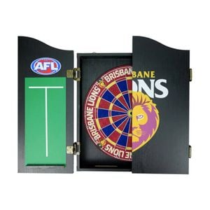 AFL Dartboard and Cabinet Set Brisbane Lions Team Design Black Finish