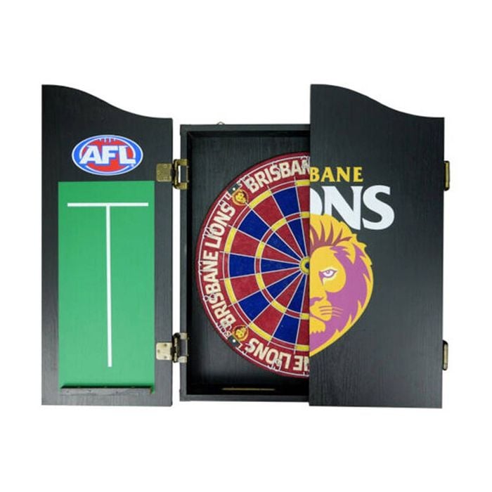 AFL Dartboard and Cabinet Set Brisbane Lions Team Design Black Finish