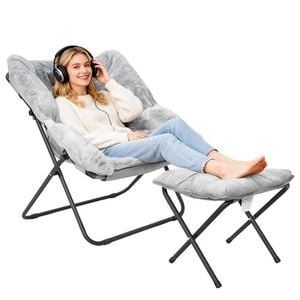Foldable Saucer Chair Recliner Lazy Chair Metal Frame with 10cm Soft Cushion