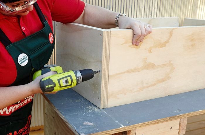 A person attaching plywood panels using screws and a cordless driver
