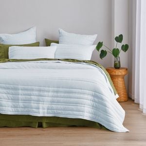Dreamaker Superfine Washed Microfibre Stripe Quilted Coverlet Set Ice Blue Super King Bed