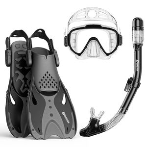 EMSINA Snorkel Set Mask Fin Trek Fin Dry Top Snorkeling Gear Adults Travel Bag (Charcoal  M/L)