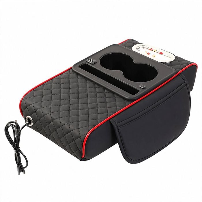 Catzon 4in1 Leather Car Armrest Storage Box With Charging Port Armrest Box Booster Pad-blackred