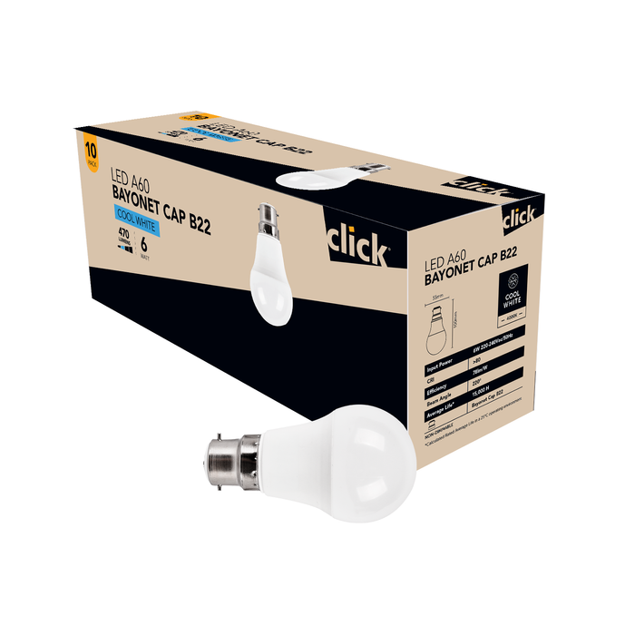Click A60 BC LED 470lm Cool White 6W Globe - 10 Pack