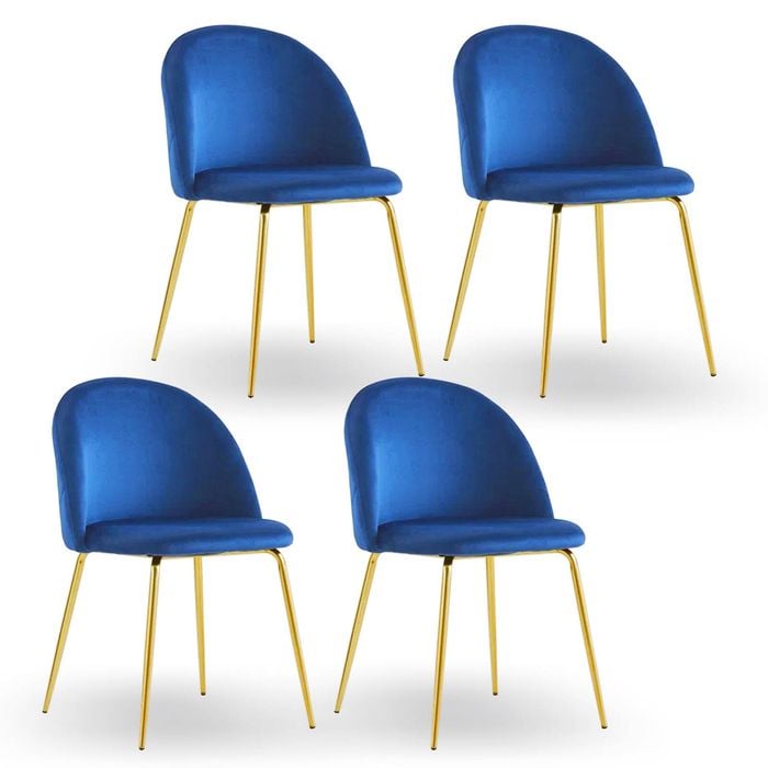 Foret Velvet Dining Chair Kitchen Living Padded Luxury Comfort Metal Leg Blue X4