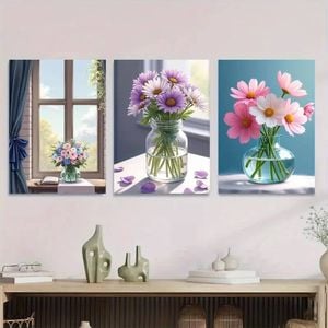 3pcs Vibrant Flowers in Vases Floral Bouquet  Print 100% Australian Made 3 x 40x60cm (Metal Print)