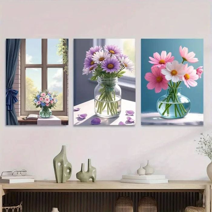 3pcs Vibrant Flowers in Vases Floral Bouquet  Print 100% Australian Made 3 x 40x60cm (Metal Print)