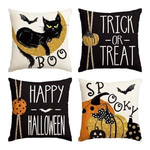 Catzon 4 Pcs Scary Throw Pillow Covers Linen Cushion Case for Decor 50X50cm