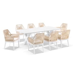 Tahitian 2.1m Aluminium Dining Table With 8 Hugo Dining Chairs White - Cream Rope - Cream