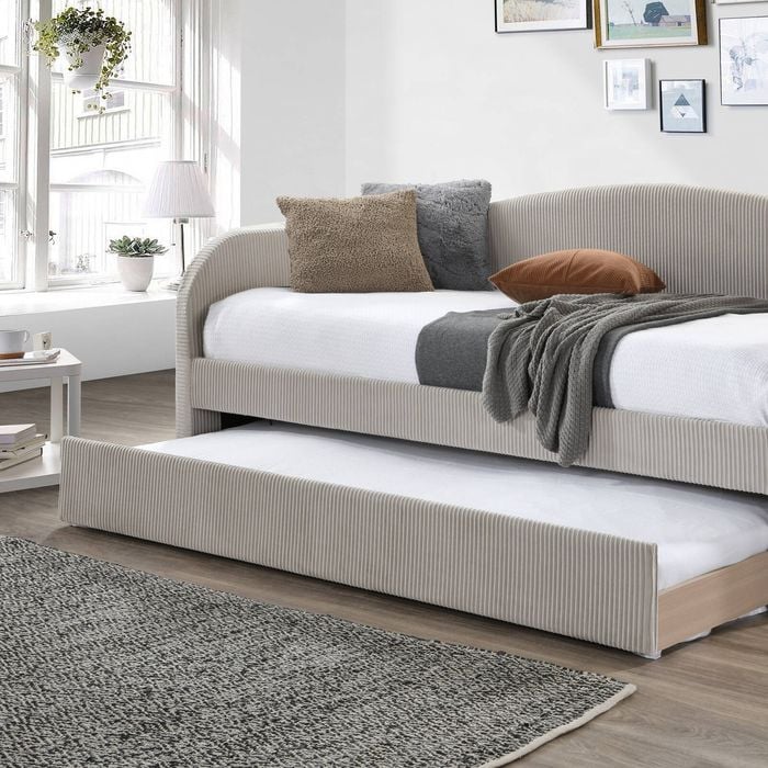 Macy Day Bed With Trundle Beige Pleated Velvet