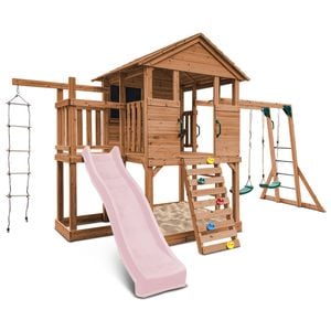 Lifespan Kids Kingston Cubby House, Monkey Bars, Swing Set with 2.2m Pastel Pink Slide