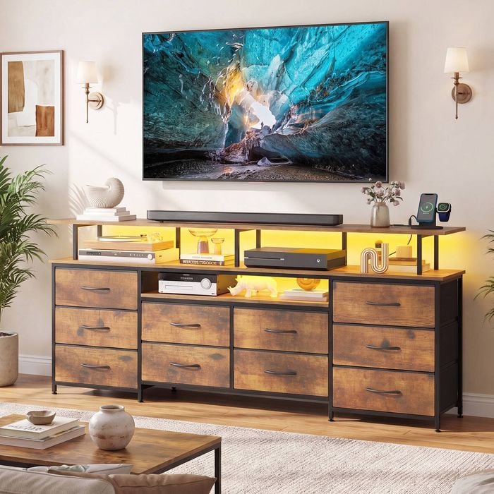 Advwin 160cm LED TV Unit Cabinet w/ Drawers & Power Outlet Entertainment Center TV Stand Rustic Brown