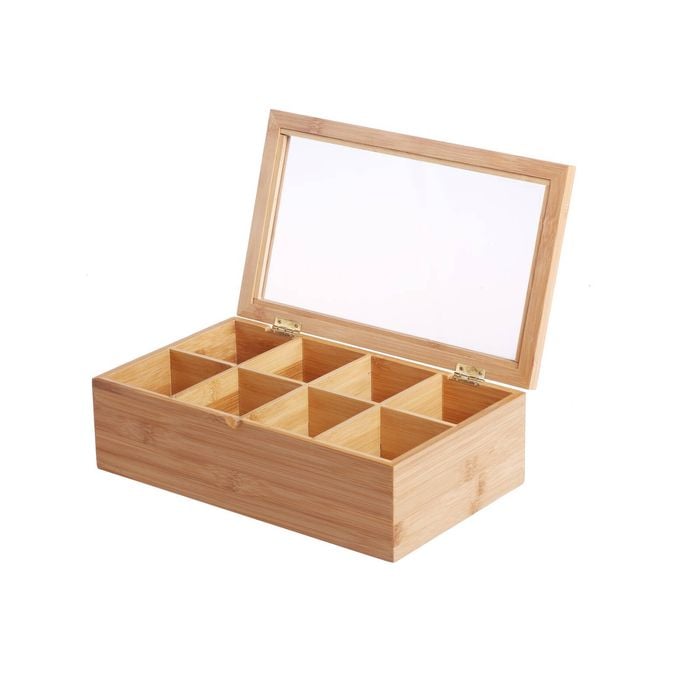 Sherwood Home 8 Compartment Bamboo Tea Box With Window - Natural Brown