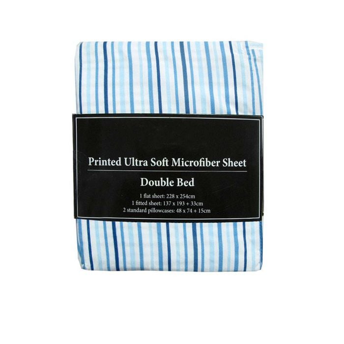 Bloomington Printed Ultra Soft 90gsm Microfiber Sheet Set Double Blue Lines