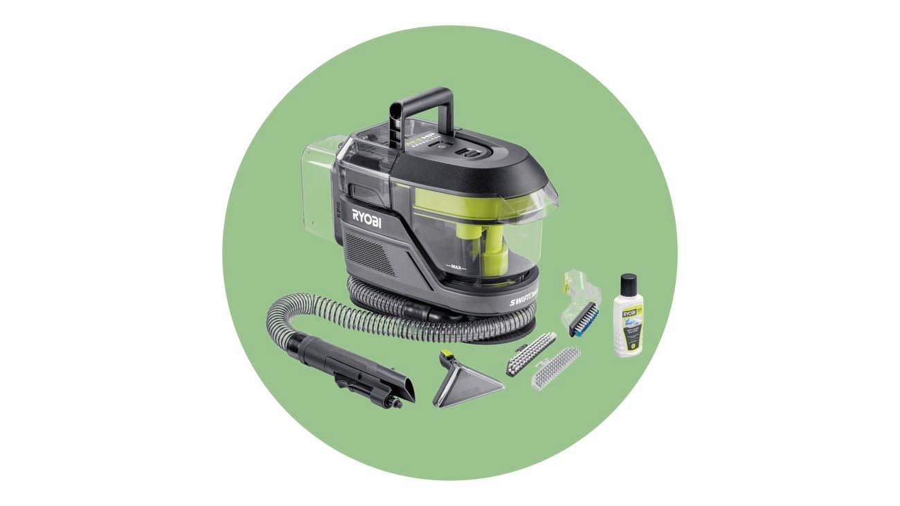 A close-up product shot on a green background of a Ryobi carpet cleaner used for spring cleaning