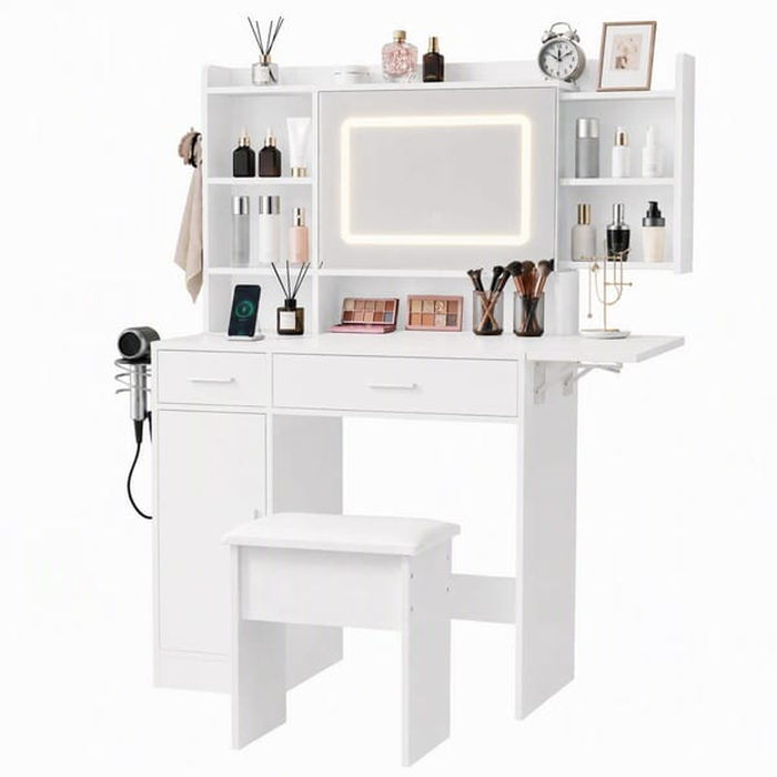 HOMFURN White Dressing Table with LED Mirror, Charging Station and Stool