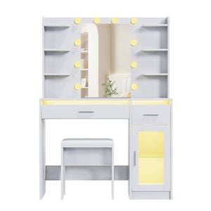 Ufurniture LED Makeup Vanity Table Stool Set Dressing Table with Glass Tabletop and Charging Station White