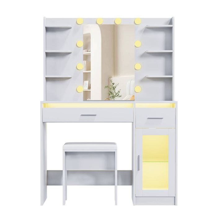 Ufurniture LED Makeup Vanity Table Stool Set Dressing Table with Glass Tabletop and Charging Station White