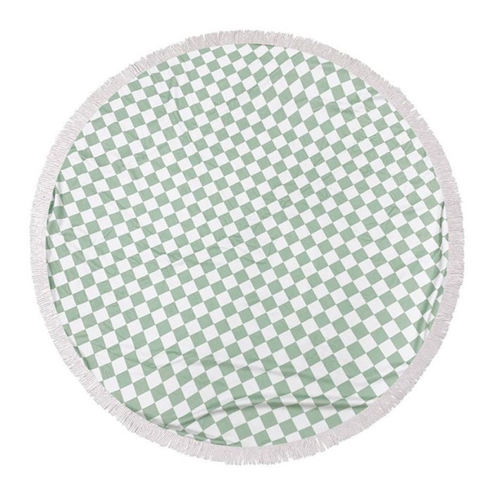 Good Vibes 150cm Round Beach Towel w/ Tassels 400GSM - Sage Check