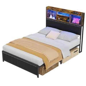 Advwin Bed Frame Queen Size with Charging Station & LED Storage Bookcase