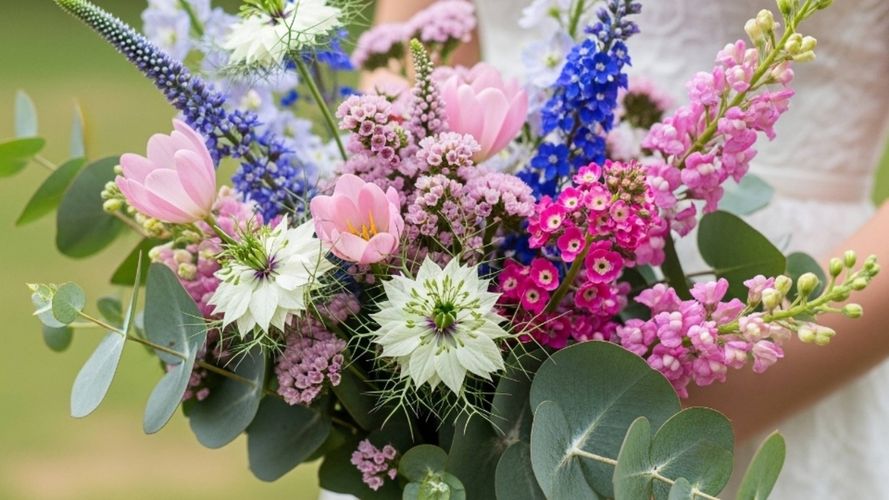 Person holding a colourful bouquet of pink, purple, blue and white flowers with eucalyptus foliage.
