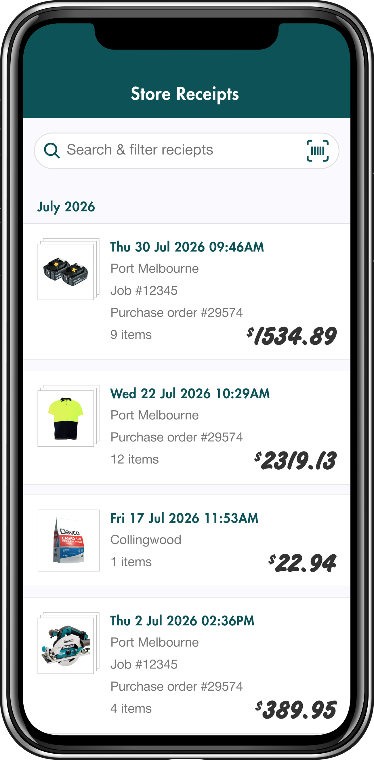 PowerPass App with receipts screen on a mobile phone graphic
