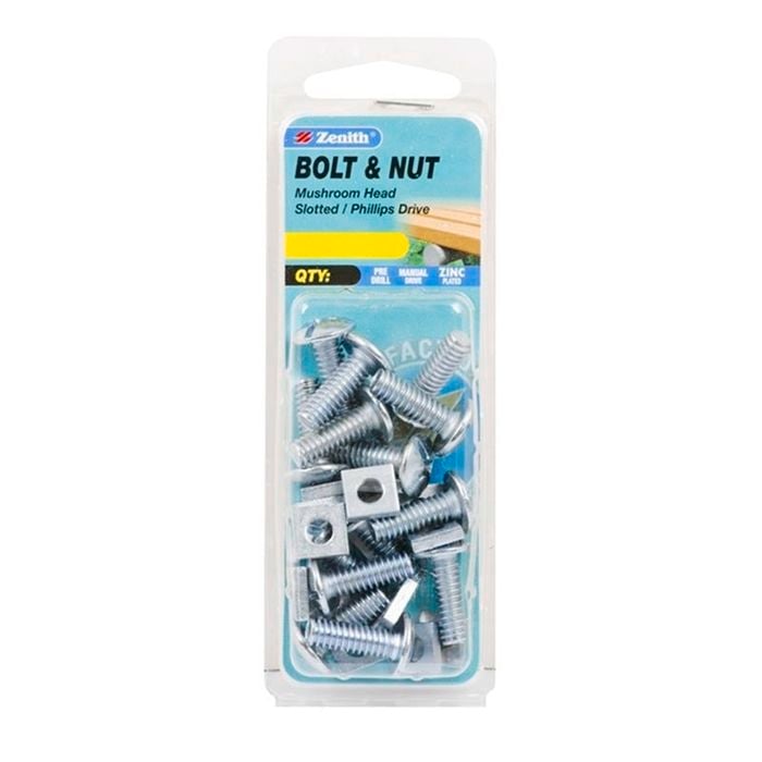 Zenith 1/4" x 25mm Zinc Plated Mushroom Head Bolt And Nut - 12 Pack