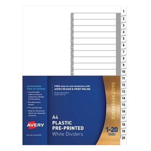 Avery Plastic Pre-printed Dividers A4 (White) (1-20 Tab)