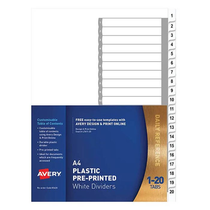 Avery Plastic Pre-printed Dividers A4 (White) (1-20 Tab)
