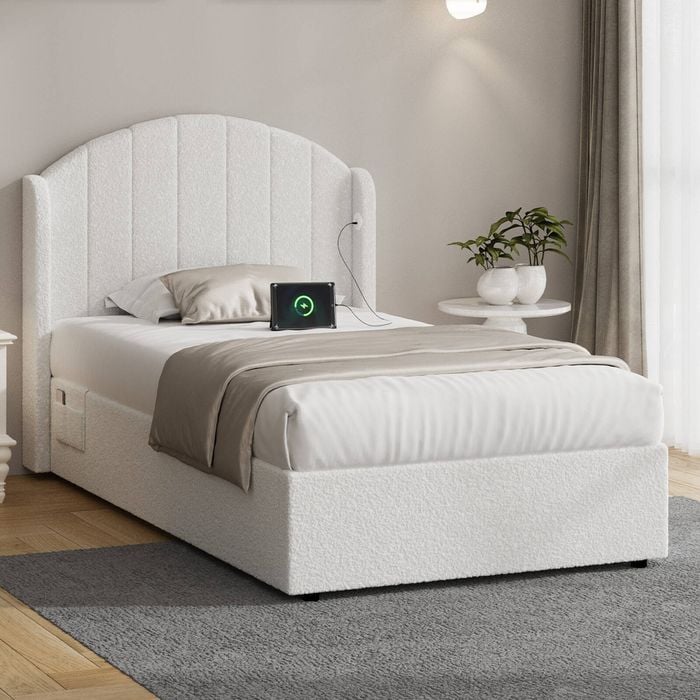 Oikiture Bed Frame King Single Size With Gas Lift Storage Usb Charging Boucle