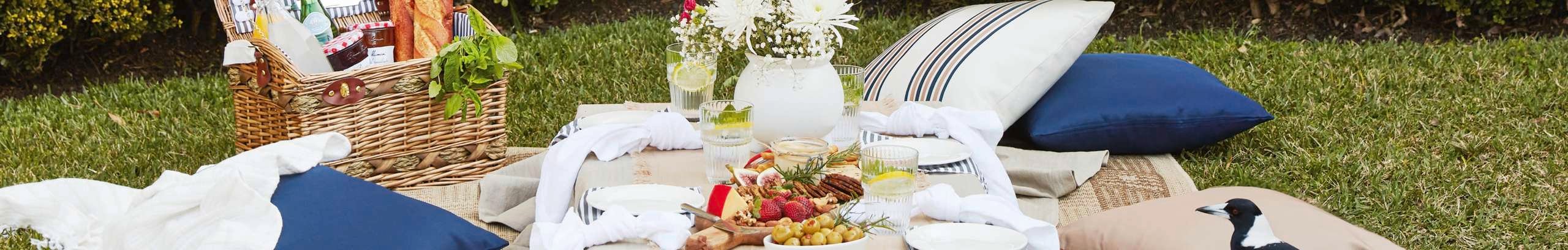 Picnic set up on grass.