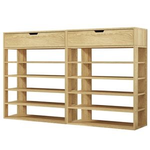Oikiture Shoes Storage Rack 5-tier Shelves with Drawer Natural Set of 2