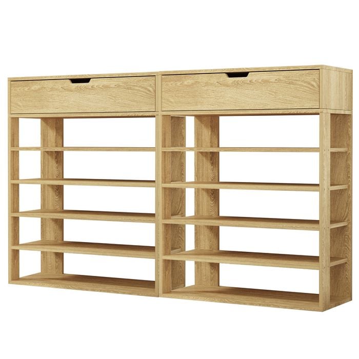Oikiture Shoes Storage Rack 5-tier Shelves with Drawer Natural Set of 2