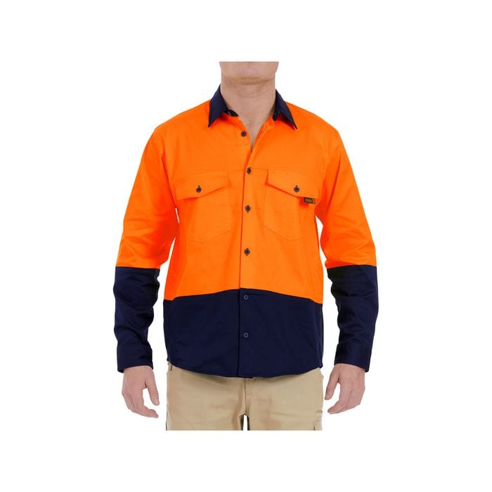Tradie Mens Long Sleeve Shirt Hi Vis Orange Small