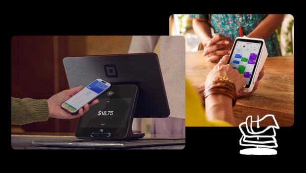 An image of a customer using their mobile phone tap to pay on a Square register overlapping an image of a customer using the Square terminal.