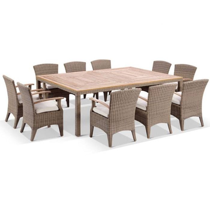 Sahara 10 Seat Outdoor Teak Top Dining Table And Kai Wicker Chairs Setting