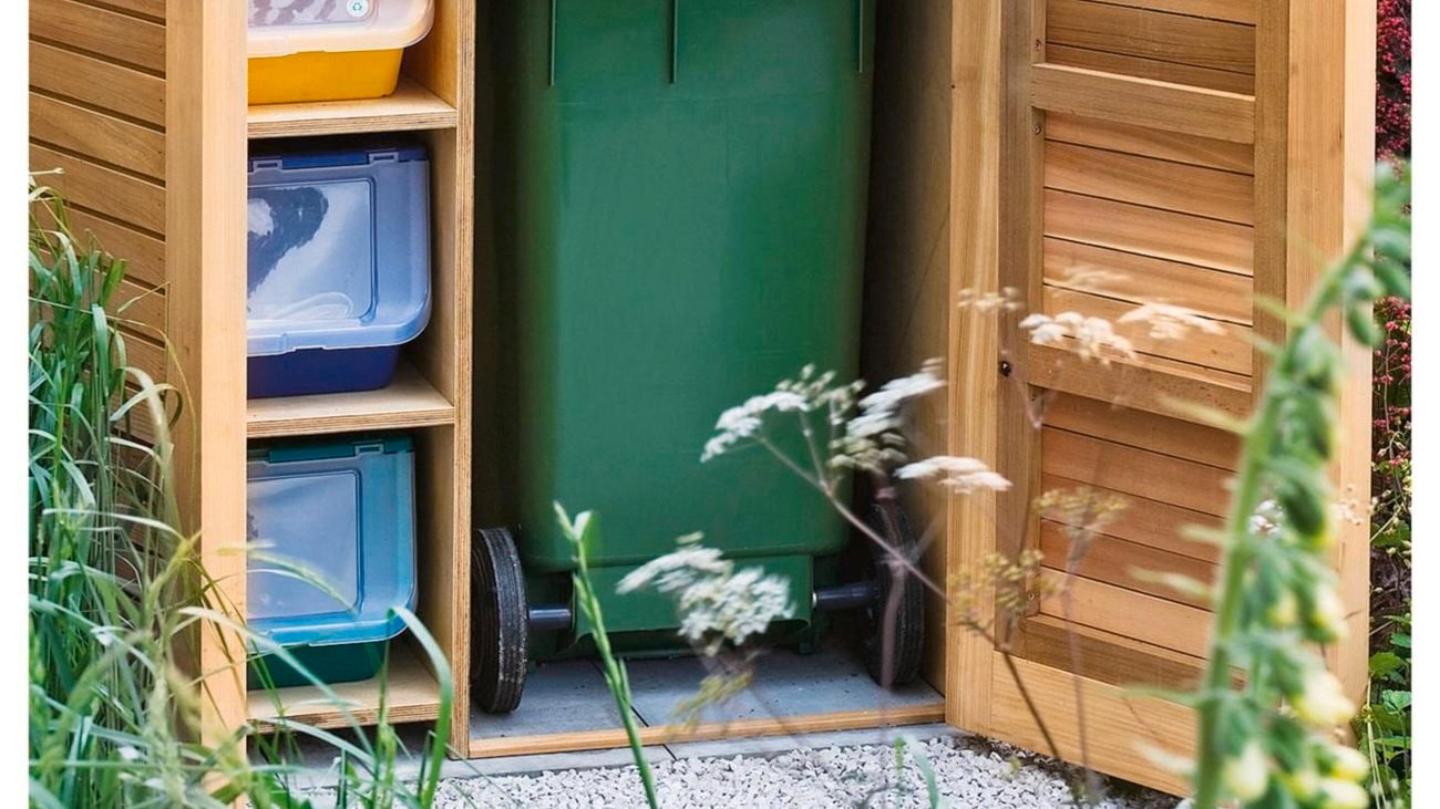 Bins inside a timber storage unit.