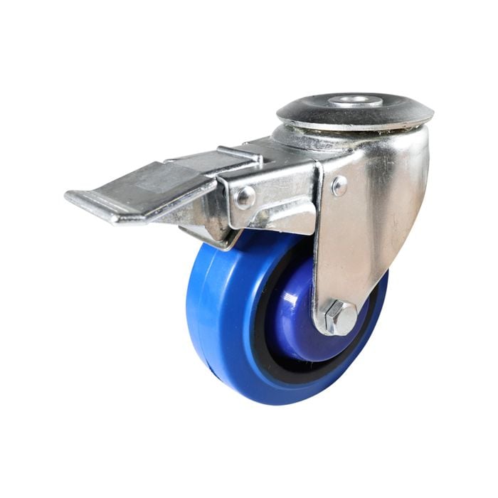 Easyroll 100mm Blue Elastic Rubber Swivel Brake Bolt Hole Caster