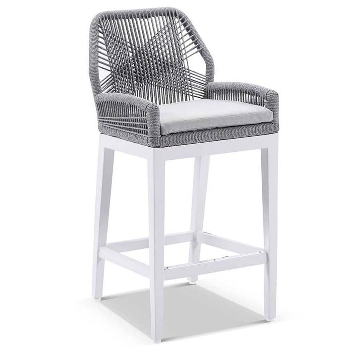 Hugo Outdoor Aluminium and Rope Bar Stool White - Grey Rope -Textured Olefin Grey