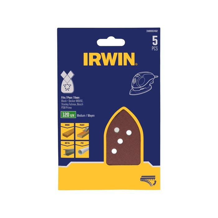 IRWIN 100 x 135mm 120 Grit Mouse Sanding Sheets - 5 Pack