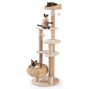 Costway 164cm Wooden Cat Tree Scratching Post W/dangling Balls Kitten Tower Beige