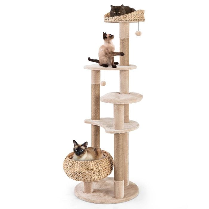 Costway 164cm Wooden Cat Tree Scratching Post W/dangling Balls Kitten Tower Beige