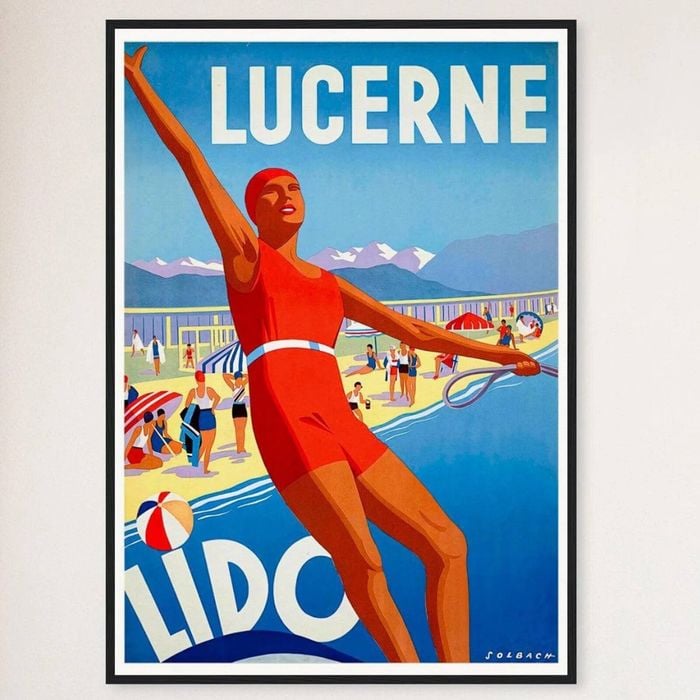 Galrie Lucerne Lido Switzerland Vintage Travel Poster Stunning Wall Art for Home & Office, Black Frame, 50 x 70cm (20 x 28inch)