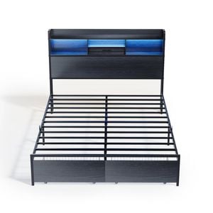 Ufurniture Bed Frame LED Lights Display Shelf Headboard & Charging Station with 2 Storage Drawers Metal Platform Bed Queen Size